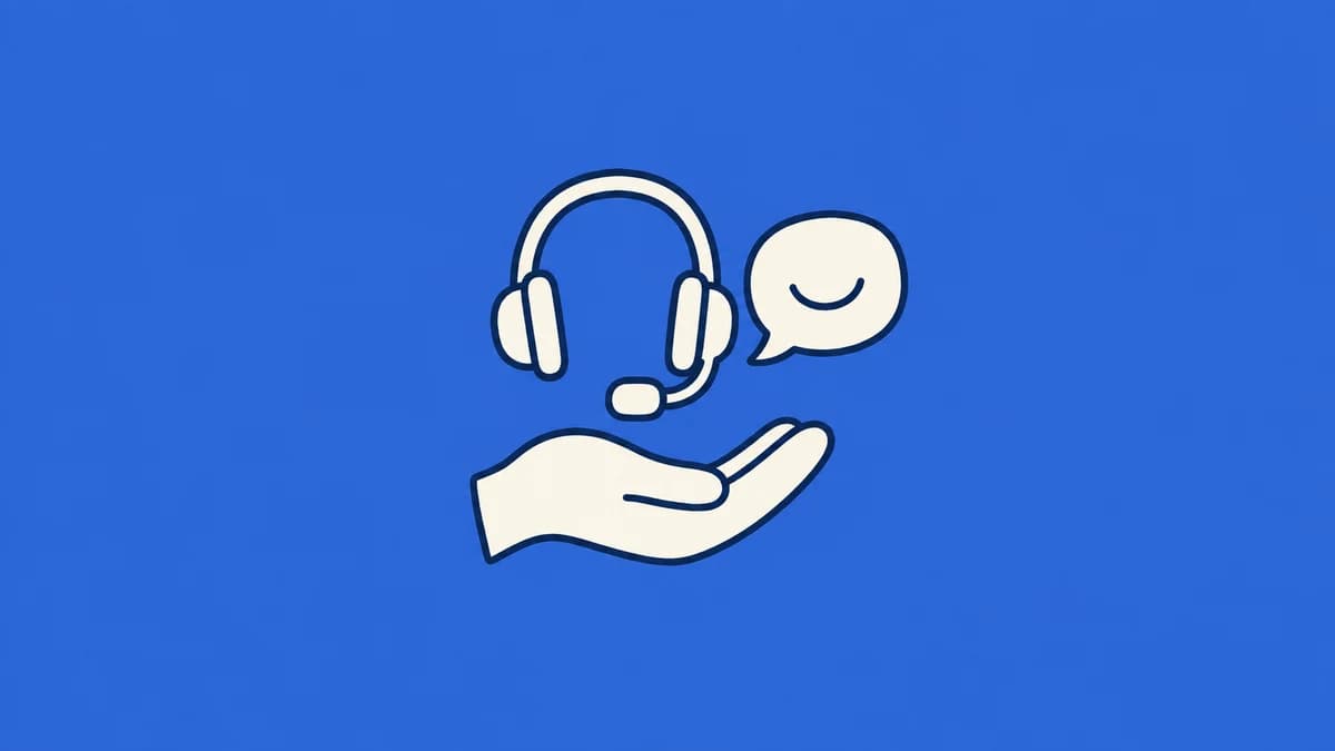 A headset, speech bubble and helping hand on a blue background.