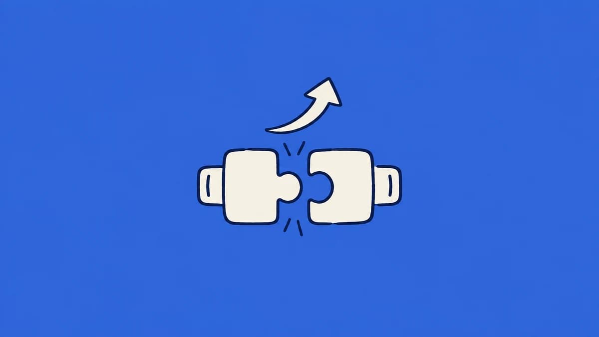 Connecting pieces with a curved upgrade arrow on a blue background.
