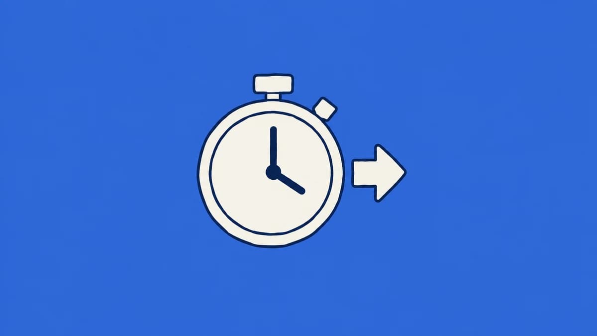 A stopwatch beside a forward arrow on a blue background.