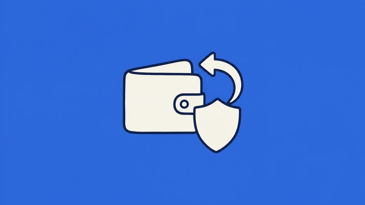 A wallet, shield and return arrow on a blue background.