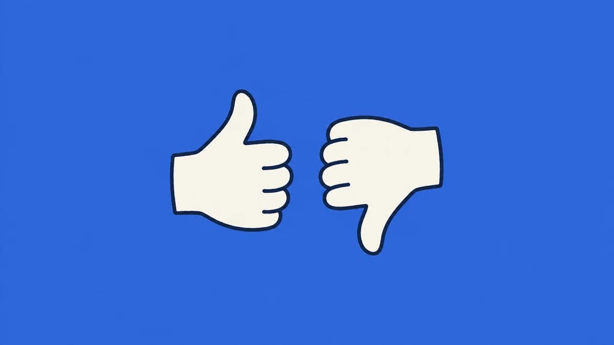 Thumbs-up and thumbs-down hands on a blue background.