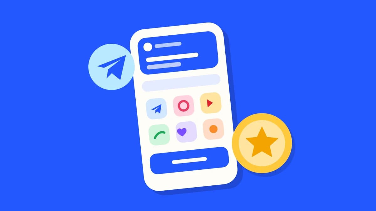 A phone showing a shop of colorful service tiles, with a paper-plane badge and a gold star coin on blue.