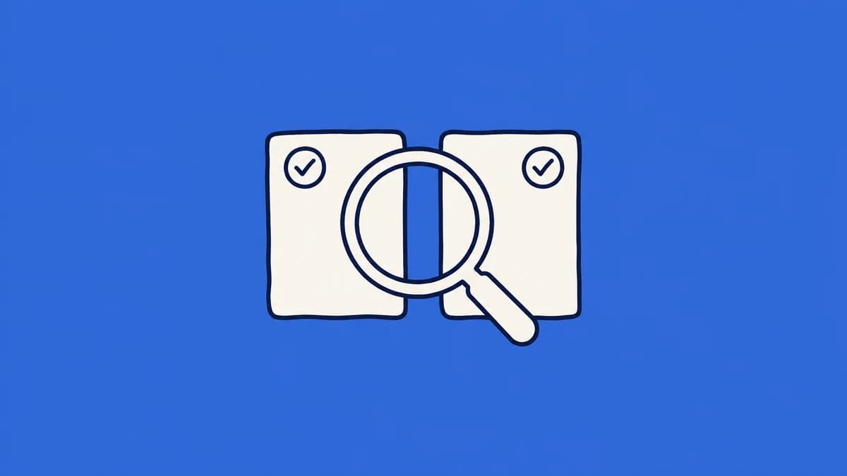 A magnifying glass comparing two service cards with check marks.