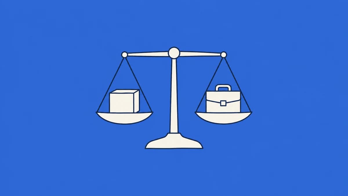 A balance scale comparing a box and a briefcase.