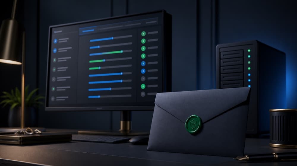A reseller desk with a clean order list on screen and a wax-sealed envelope in front of the monitor.