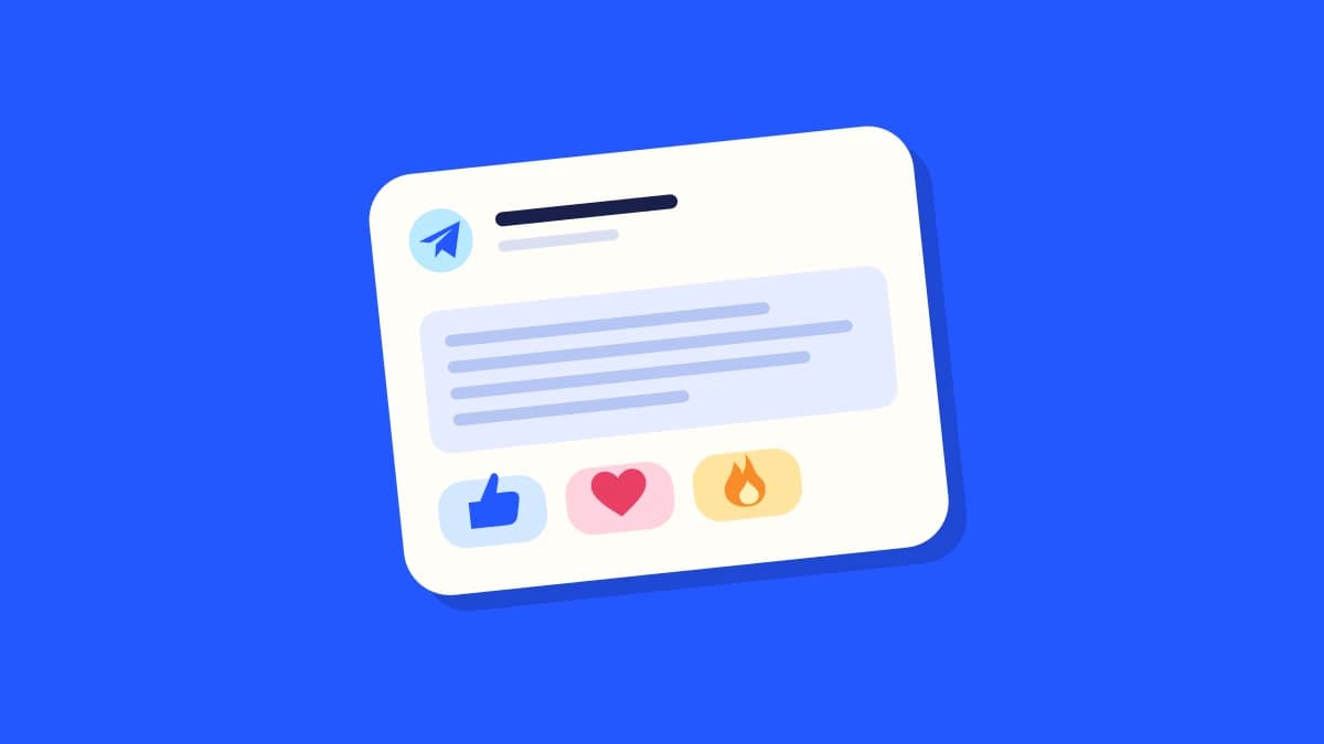 A Telegram post card with thumbs-up, heart and fire reaction tiles on blue.