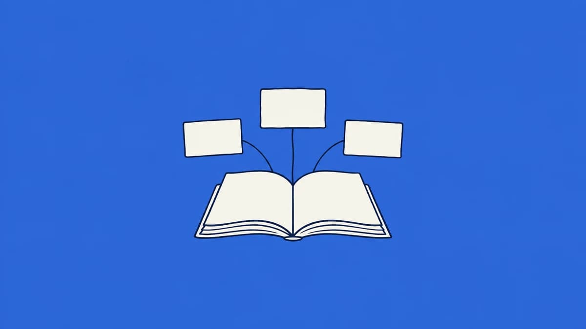 An open book with a network of cards rising from its pages.