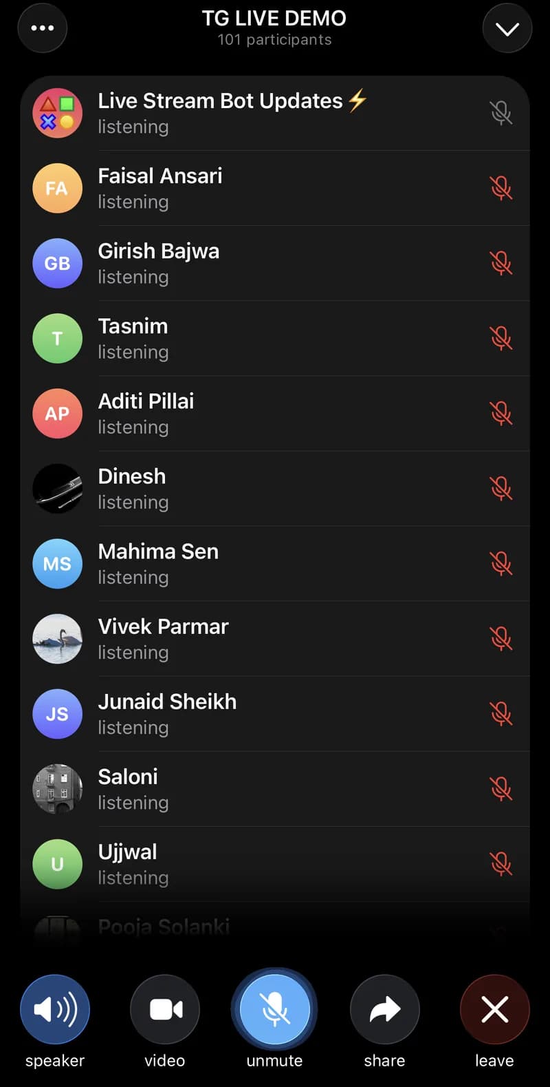 Telegram live stream participant list on a phone showing 101 participants, with the Live Stream Bot Updates account and delivered member accounts listed as listening