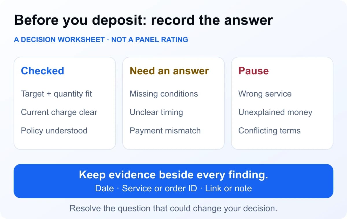 Three ways to record a buying decision: checked details, unanswered questions and reasons to pause. Keep evidence beside each item instead of adding a safety score.