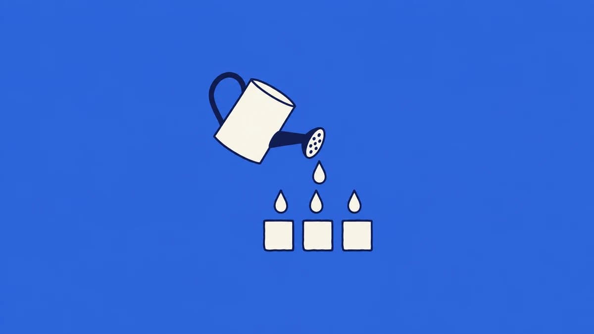 A watering can releasing spaced drops above square tiles.