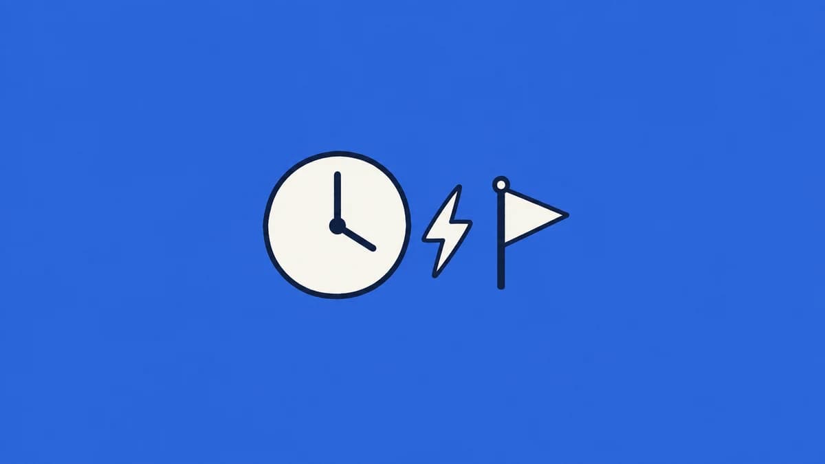 A clock, lightning bolt and starting flag on a blue background.